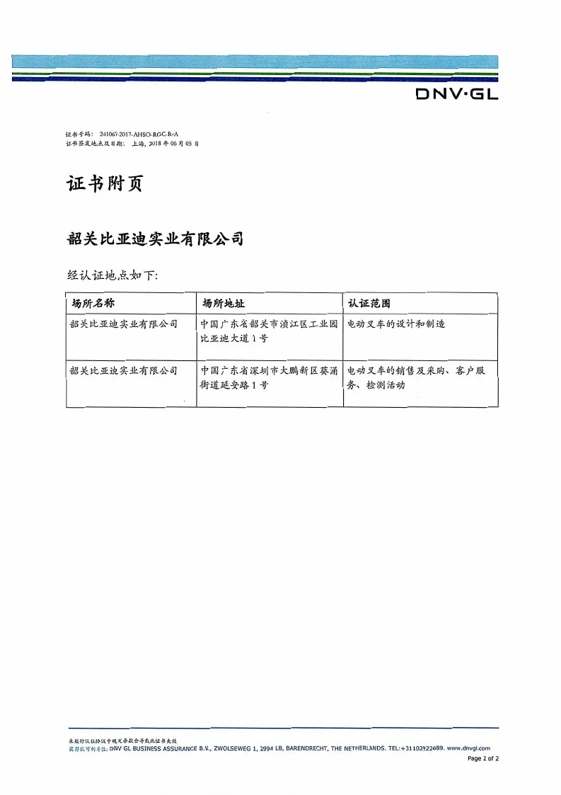 BYD Forklift OHSAS18001:2007 Occupational Health and Safety Management System Ce