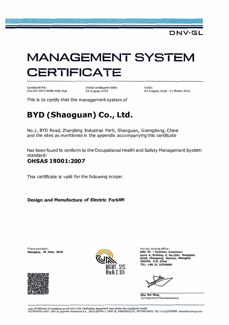 Quality Management System Certificate - OHSAS18001：2007 (English)